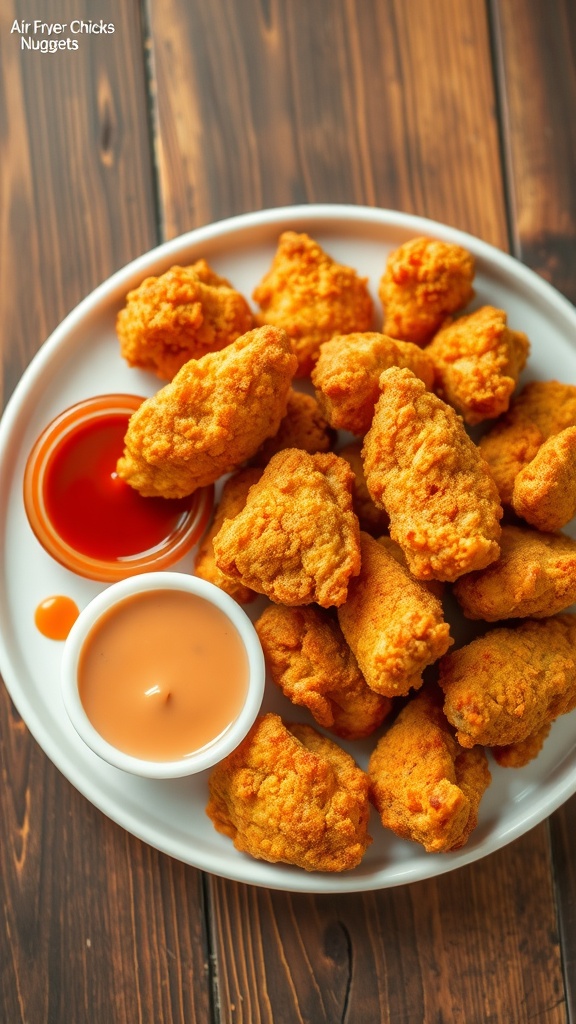 Crispy chicken nuggets on a plate with dipping sauces on a rustic wooden table.